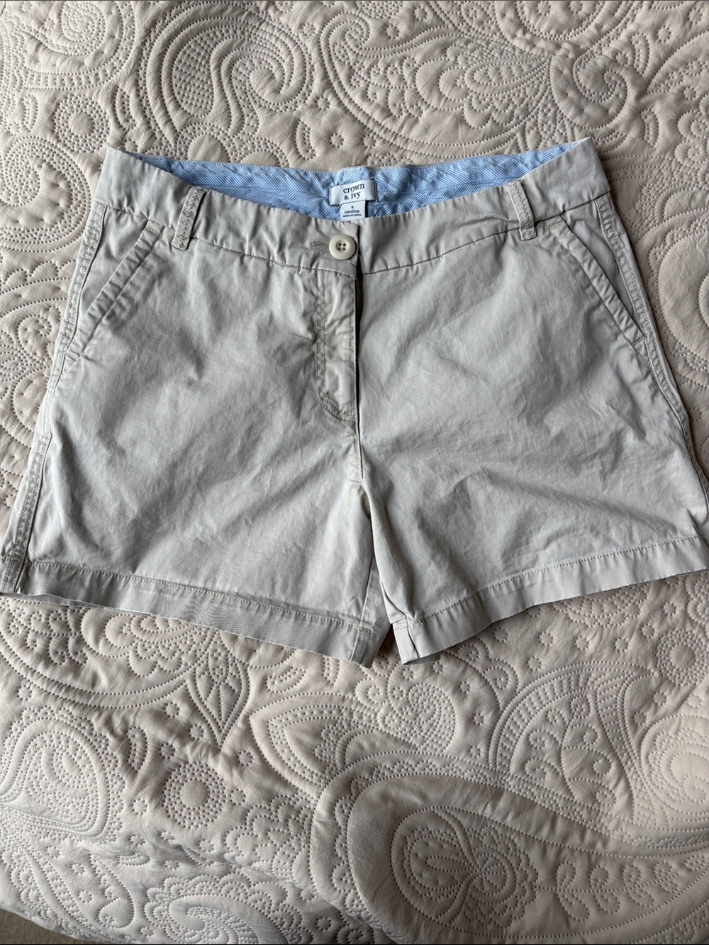 crown & ivy Beige Cotton Bermuda Shorts with 5 Inch Inseam